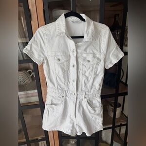Zara denim playsuit romper button up utility short sleeves white cream collar